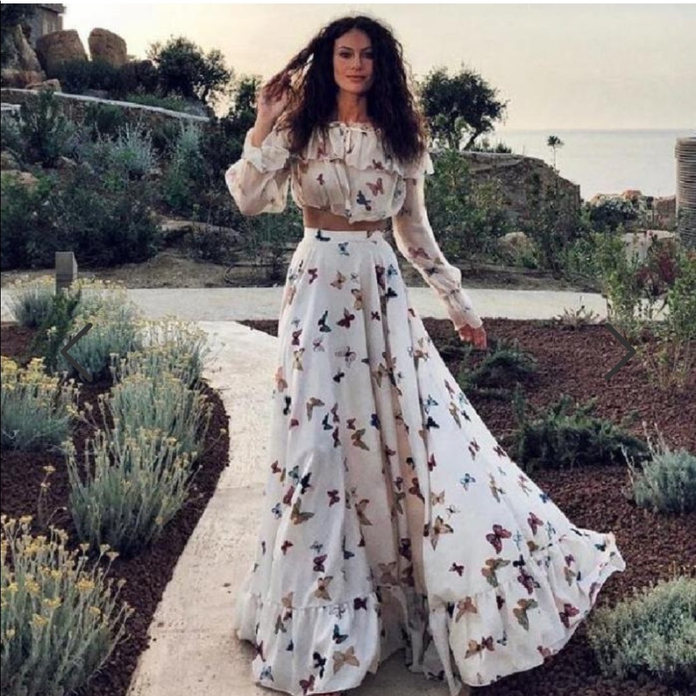 Two Piece Off The Shoulder Butterfly Floral Maxi Dress